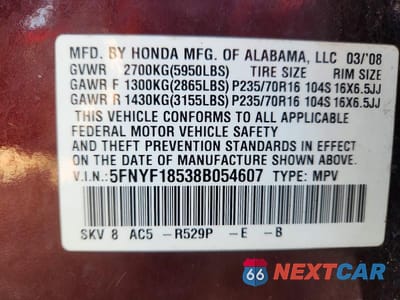 Zdjęcie 13 z 13 samochodu: 2008 HONDA PILOT EXL VIN:5FNYF18538B054607 - miniatura