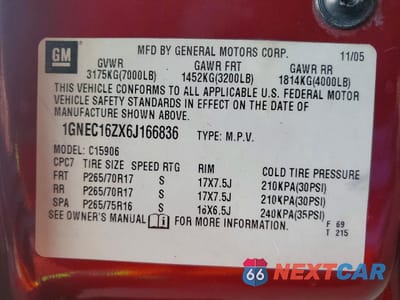 Zdjęcie 13 z 13 samochodu: 2006 CHEVROLET SUBURBAN C1500 VIN:1GNEC16ZX6J166836 - miniatura