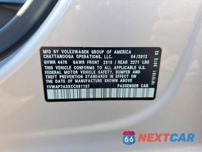 Zdjęcie 12 z 12 samochodu: 2012 VOLKSWAGEN PASSAT S VIN:1VWAP7A3XCC081137 - miniatura