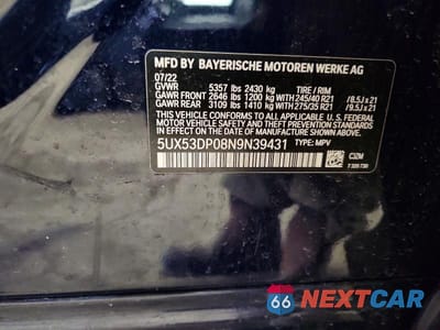 Zdjęcie 13 z 13 samochodu: 2022 BMW X3 XDRIVE30I VIN:5UX53DP08N9N39431 - miniatura