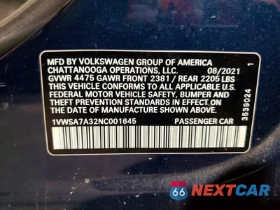 Zdjęcie 12 z 12 samochodu: 2022 VOLKSWAGEN PASSAT SE VIN:1VWSA7A32NC001645 - miniatura