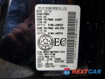 Zdjęcie 13 z 13 samochodu: 2013 NISSAN MURANO S VIN:JN8AZ1MW7DW311902 - miniatura
