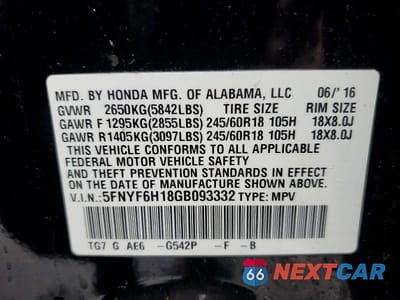 Zdjęcie 13 z 13 samochodu: 2016 HONDA PILOT LX VIN:5FNYF6H18GB093332 - miniatura