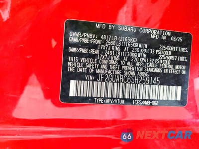 Zdjęcie 12 z 12 samochodu: 2025 SUBARU CROSSTREK VIN:JF2GUABC6SH259145 - miniatura