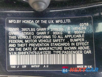 Zdjęcie 12 z 12 samochodu: 2018 HONDA CIVIC EXL VIN:SHHFK7H79JU413230 - miniatura