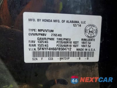 Zdjęcie 14 z 14 samochodu: 2015 HONDA PILOT EXL VIN:5FNYF4H66FB504712 - miniatura