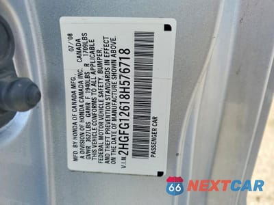 Zdjęcie 13 z 13 samochodu: 2008 HONDA CIVIC LX VIN:2HGFG12618H576718 - miniatura