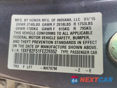 Zdjęcie 12 z 12 samochodu: 2015 HONDA CIVIC LX VIN:19XFB2F51FE226552 - miniatura
