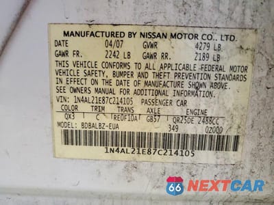 Zdjęcie 12 z 12 samochodu: 2007 NISSAN ALTIMA 2.5 VIN:1N4AL21E87C214105 - miniatura