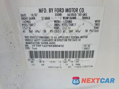 Zdjęcie 12 z 12 samochodu: 2008 FORD F150 VIN:1FTRF12278KB80412 - miniatura