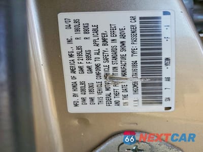 Zdjęcie 12 z 12 samochodu: 2007 HONDA ACCORD VALUE VIN:1HGCM56187A161894 - miniatura