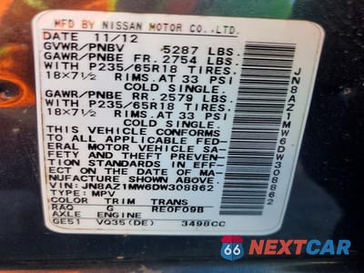 Zdjęcie 13 z 13 samochodu: 2013 NISSAN MURANO S VIN:JN8AZ1MW6DW308862 - miniatura