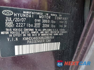 Zdjęcie 13 z 13 samochodu: 2008 HYUNDAI ELANTRA GLS VIN:KMHDU46D68U286864 - miniatura