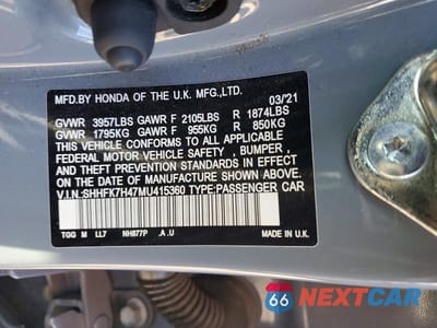 Zdjęcie 12 z 12 samochodu: 2021 HONDA CIVIC SPORT VIN:SHHFK7H47MU415360 - miniatura