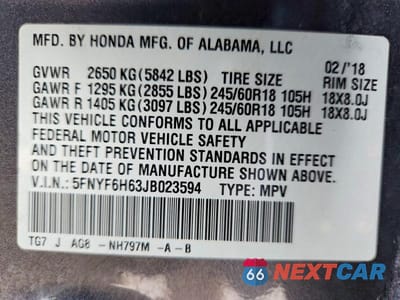 Zdjęcie 13 z 13 samochodu: 2018 HONDA PILOT EXL VIN:5FNYF6H63JB023594 - miniatura