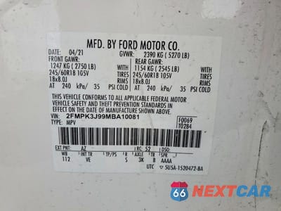 Zdjęcie 13 z 13 samochodu: 2021 FORD EDGE SEL VIN:2FMPK3J99MBA10081 - miniatura