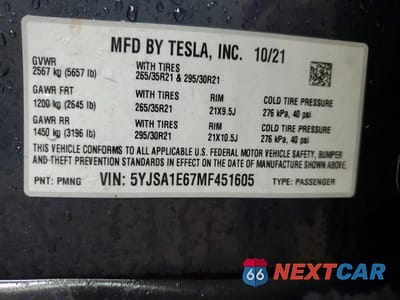 Zdjęcie 13 z 14 samochodu: 2021 TESLA MODEL S VIN:5YJSA1E67MF451605 - miniatura