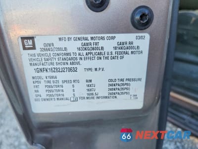 Zdjęcie 12 z 12 samochodu: 2002 CHEVROLET SUBURBAN K1500 VIN:1GNFK16Z82J270632 - miniatura