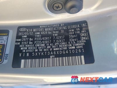 Zdjęcie 13 z 13 samochodu: 2013 KIA SORENTO LX VIN:5XYKT3A6XDG410261 - miniatura
