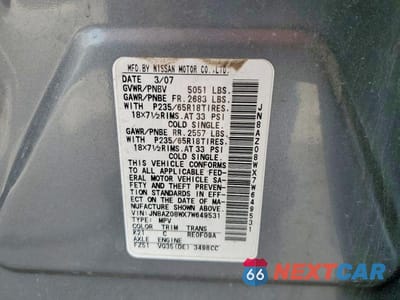 Zdjęcie 13 z 13 samochodu: 2007 NISSAN MURANO S VIN:JN8AZ08WX7W649531 - miniatura