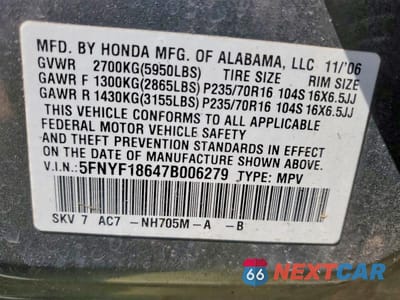 Zdjęcie 13 z 13 samochodu: 2007 HONDA PILOT EXL VIN:5FNYF18647B006279 - miniatura