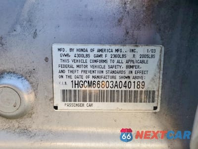 Zdjęcie 12 z 12 samochodu: 2003 HONDA ACCORD EX VIN:1HGCM66803A040189 - miniatura