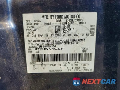 Zdjęcie 12 z 12 samochodu: 2007 FORD F150 VIN:1FTRF12277NA03341 - miniatura