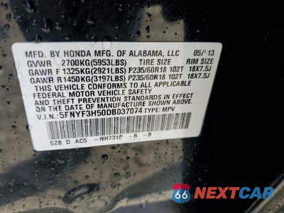 Zdjęcie 14 z 14 samochodu: 2013 HONDA PILOT EXL VIN:5FNYF3H50DB037074 - miniatura