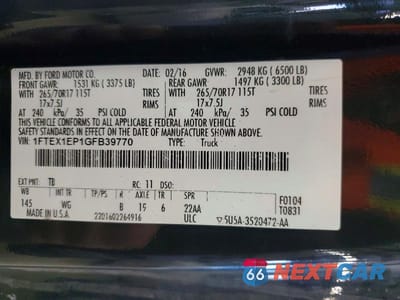 Zdjęcie 12 z 12 samochodu: 2016 FORD F150 SUPER CAB VIN:1FTEX1EP1GFB39770 - miniatura