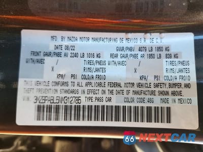 Zdjęcie 12 z 12 samochodu: 2022 MAZDA 3 SELECT VIN:3MZBPABL5NM312785 - miniatura