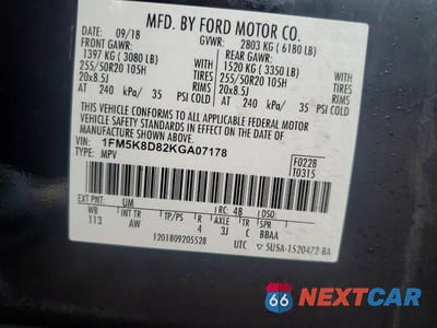 Zdjęcie 13 z 13 samochodu: 2019 FORD EXPLORER XLT VIN:1FM5K8D82KGA07178 - miniatura