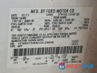 Zdjęcie 13 z 13 samochodu: 2013 FORD EXPLORER XLT VIN:1FM5K7D89DGC29908 - miniatura