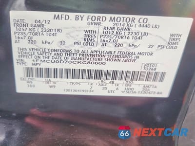Zdjęcie 12 z 12 samochodu: 2012 FORD ESCAPE XLT VIN:1FMCU0D70CKC80600 - miniatura