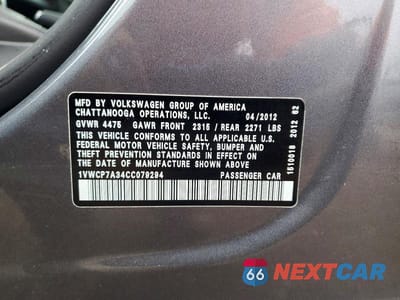 Zdjęcie 12 z 12 samochodu: 2012 VOLKSWAGEN PASSAT SEL VIN:1VWCP7A34CC079294 - miniatura