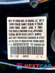 Zdjęcie 12 z 12 samochodu: 2015 HONDA CIVIC LX VIN:19XFB2F5XFE701129 - miniatura