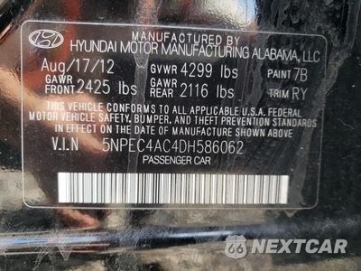 Zdjęcie 12 z 12 samochodu: 2013 HYUNDAI SONATA SE VIN:5NPEC4AC4DH586062 - miniatura