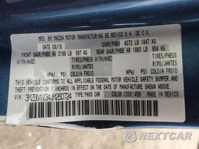 Zdjęcie 12 z 12 samochodu: 2018 MAZDA 3 TOURING VIN:3MZBN1V34JM260724 - miniatura