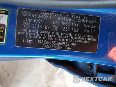 Zdjęcie 12 z 12 samochodu: 2004 HYUNDAI ELANTRA GLS VIN:KMHDN46DX4U832685 - miniatura