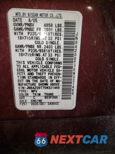 Zdjęcie 12 z 12 samochodu: 2005 NISSAN MURANO SL VIN:JN8AZ08T75W321468 - miniatura