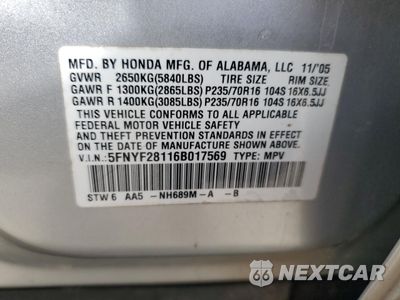 Zdjęcie 16 z 16 samochodu: 2006 HONDA PILOT LX VIN:5FNYF28116B017569 - miniatura