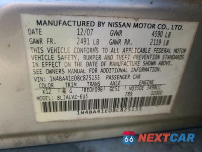 Zdjęcie 12 z 12 samochodu: 2008 NISSAN MAXIMA SE VIN:1N4BA41E08C825155 - miniatura