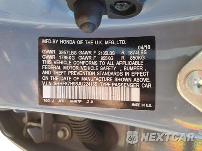 Zdjęcie 12 z 13 samochodu: 2018 HONDA CIVIC SPORT TOURING VIN:SHHFK7H98JU224165 - miniatura