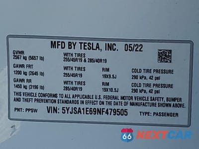 Zdjęcie 12 z 12 samochodu: 2022 TESLA MODEL S VIN:5YJSA1E69NF479505 - miniatura
