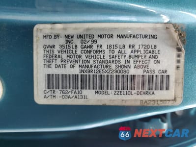 Zdjęcie 12 z 12 samochodu: 1999 TOYOTA COROLLA VE VIN:1NXBR12E5XZ230080 - miniatura