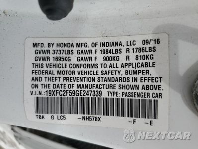 Zdjęcie 12 z 12 samochodu: 2016 HONDA CIVIC LX VIN:19XFC2F59GE247339 - miniatura
