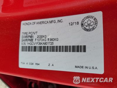 Zdjęcie 12 z 13 samochodu: 2019 HONDA ACCORD SPORT VIN:1HGCV1F39KA801725 - miniatura