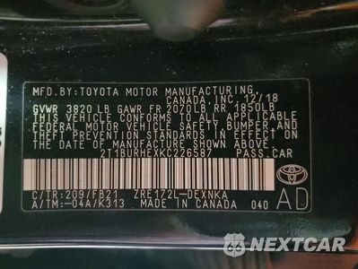 Zdjęcie 12 z 13 samochodu: 2019 TOYOTA COROLLA L VIN:2T1BURHEXKC226587 - miniatura
