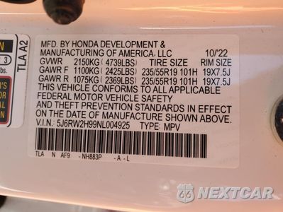 Zdjęcie 15 z 15 samochodu: 2022 HONDA CR-V TOURING VIN:5J6RW2H99NL004925 - miniatura