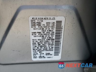 Zdjęcie 13 z 13 samochodu: 2005 NISSAN MURANO SL VIN:JN8AZ08T75W309949 - miniatura