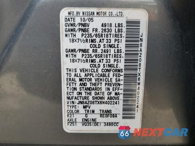 Zdjęcie 12 z 12 samochodu: 2006 NISSAN MURANO SL VIN:JN8AZ08TX6W402241 - miniatura